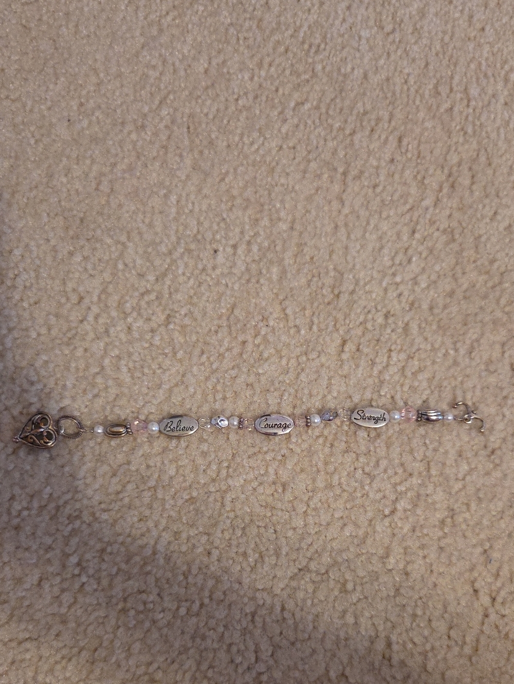 Silver-Tone 'Believe Courage Strength' Bracelet with Pink Beads